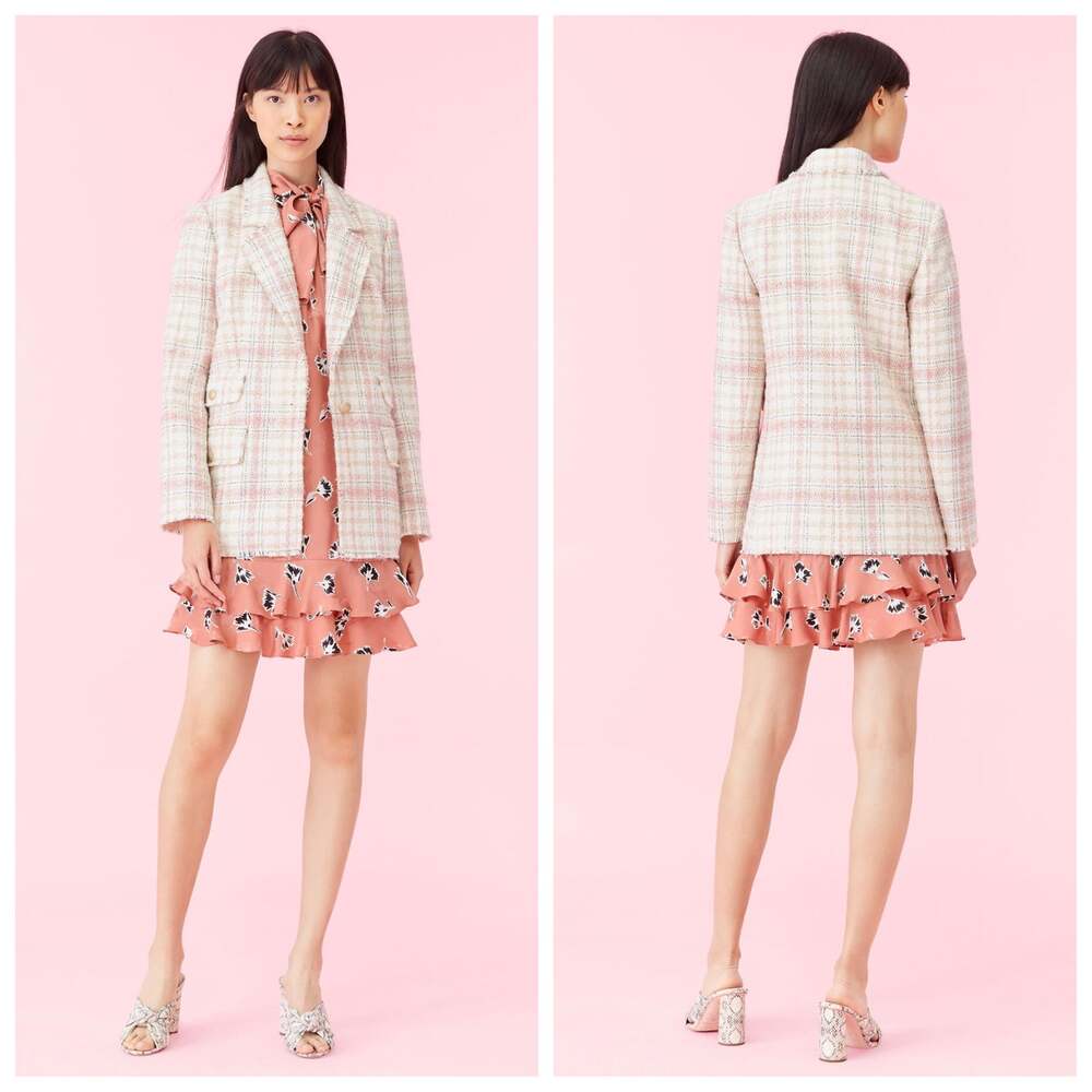 NEW Rebecca Taylor Plaid Tweed Blazer Cream Tan Pink